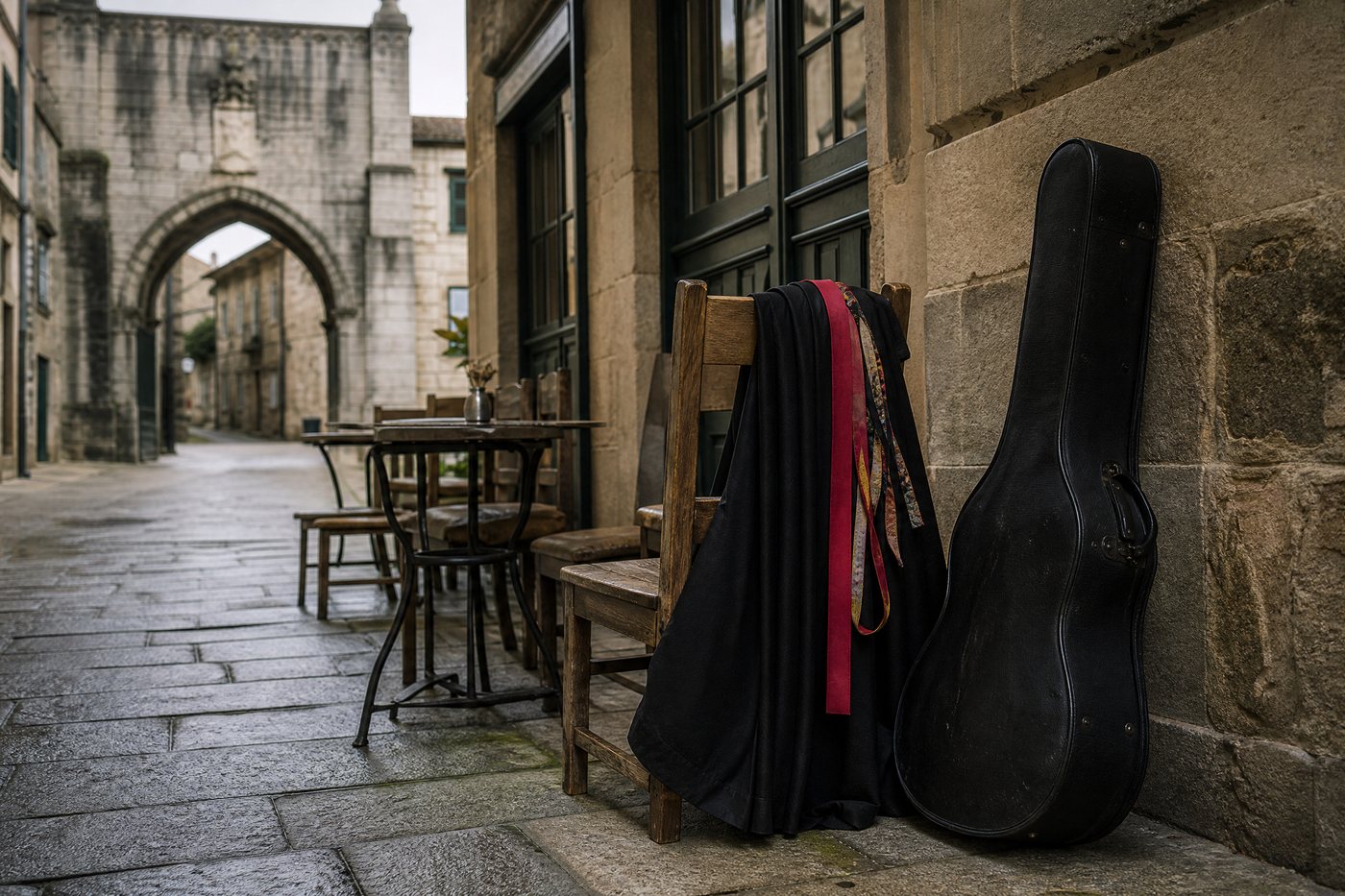 Capa y guitarra frente a una calle de ciudad universitaria